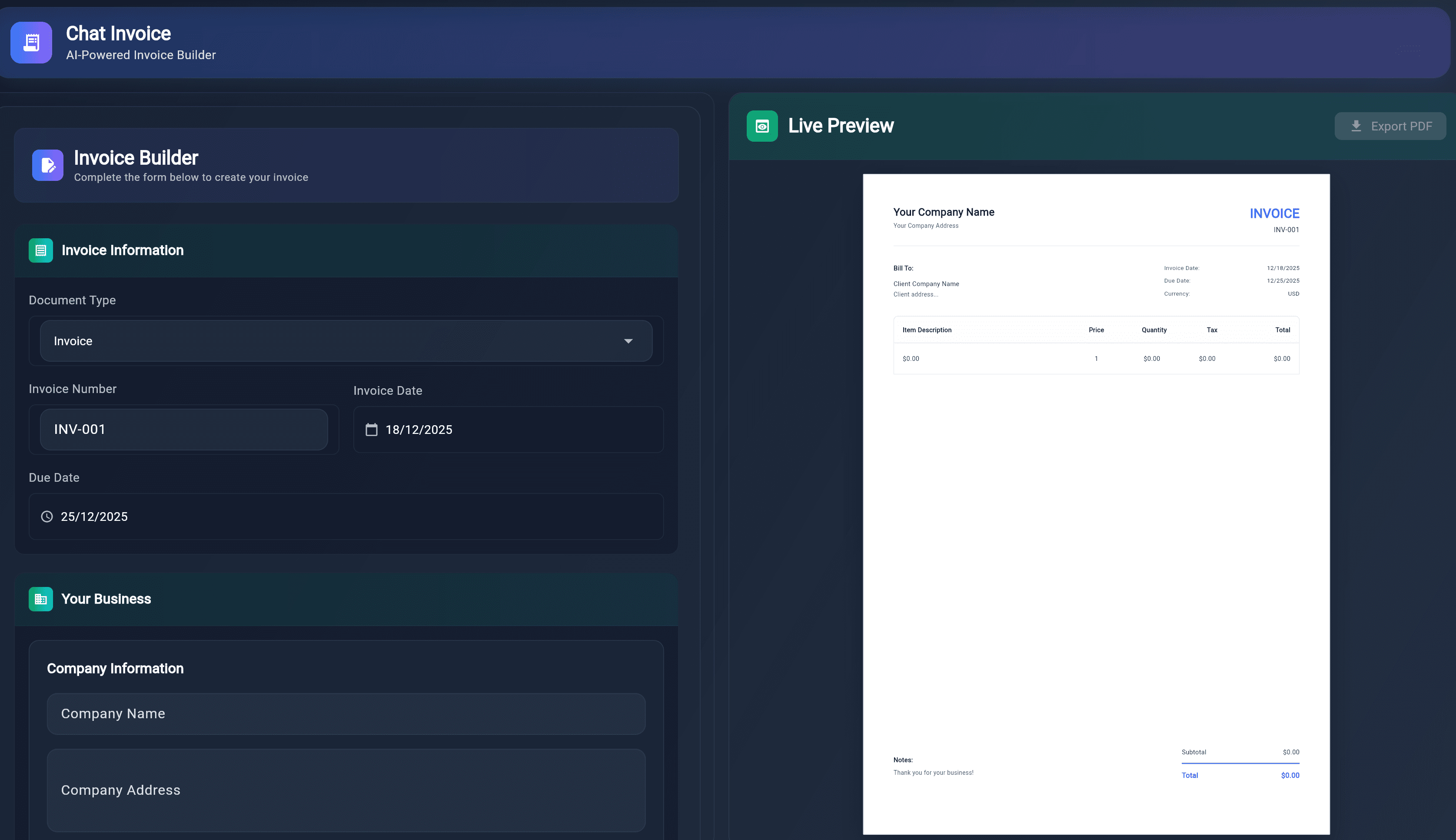 AI Invoice Generator interface